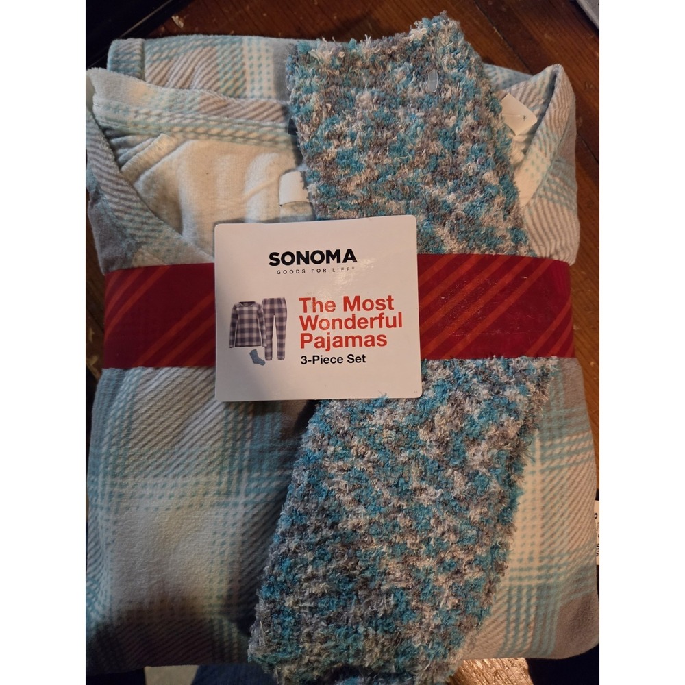 Sonoma Goods for Life  3 pc Blue Teal Plaid Pajama Set Medium